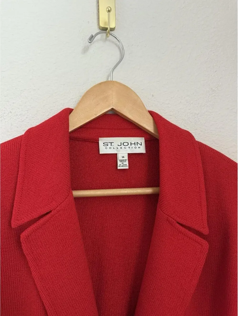 St John Collection Red Santana Knit Wool Blend‎ Gold Button Blazer Size 14 Vntg